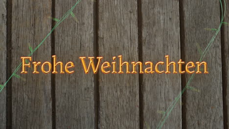 Animation-Of-Frohe-Weihnachten-Text-Over-Fairy-Lights-On-Wooden-Background