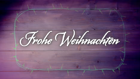 Animation-Of-Frohe-Weihnachten-Text-Over-Dairy-Lights-On-Wooden-Background