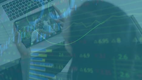 Animation-of-graphs,-circles-and-trading-board,-diverse-coworkers-discussing-reports-on-video-call