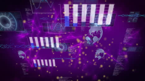 Animation-of-graphs,-globes,-radars,-computer-language-over-connected-dots-against-black-background