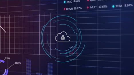 Animation-of-padlock-in-circles,-graphs,-trading-boards-and-computer-language-over-black-background