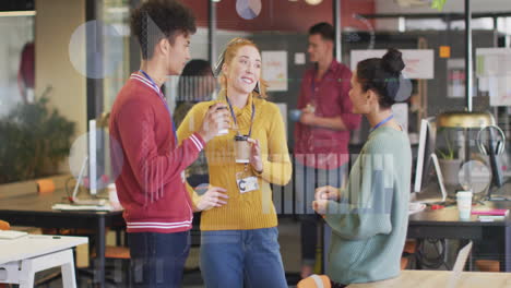 Animation-of-infographic-interface-and-diverse-happy-colleagues-drinking-coffee-and-talking-in-break