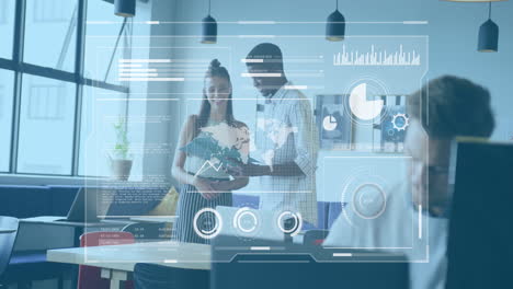 Animation-of-graphs,-map,-loading-circles-and-bars-over-diverse-coworkers-discussing-reports