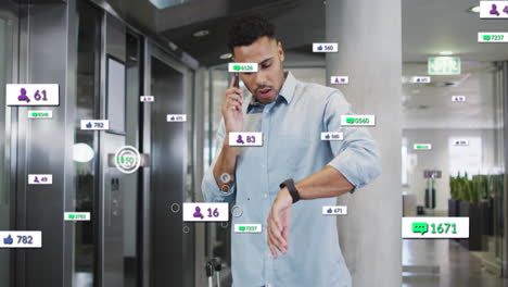 Animación-De-Barras-De-Notificación-Sobre-Un-Hombre-Birracial-Mirando-Un-Reloj-Inteligente-Mientras-Habla-Por-Teléfono-Celular