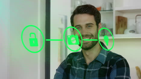 Animación-Del-Diagrama-De-Flujo-De-íconos-Sobre-Un-Hombre-Caucásico-Sonriente-Hablando-Por-Teléfono-Inteligente-En-Casa