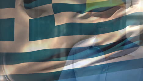 Animation-of-flag-greece-waving,-biracial-engineer-wearing-helmet-walking-with-blueprints