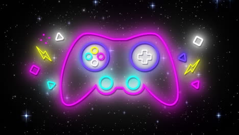 Animation-of-geometric-shapes-and-lightning-around-gaming-console-with-stars-over-black-background