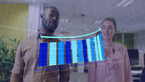 Animation-of-arrow-on-bar-graphs-over-diverse-coworkers-discussing-while-walking-in-office