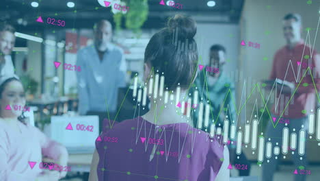 Animation-Mehrerer-Diagramme-Und-Handelstafeln-über-Verschiedene-Mitarbeiter,-Die-Berichte-Diskutieren