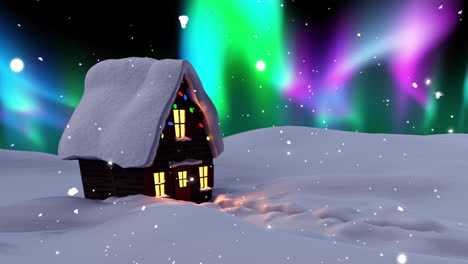 Animación-De-Casa,-Nieve-Cayendo-Y-Aurora-Boreal-En-El-Fondo-Del-Paisaje-Navideño-De-Invierno