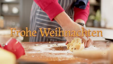 Animation-of-frohe-wihnachten-text-over-cacusain-woman-baking-at-christmas