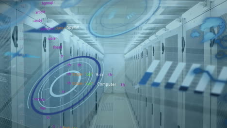 Animation-Von-Globus,-Graphen,-Kreisen-Und-Computer-Programmiersprache-über-Datenserverraum