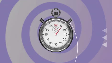 Animation-of-circle,-dots,-lines,-triangles,-stopwatch-over-circular-pattern-over-purple-background