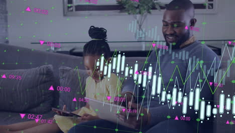 Animation-of-graphs-and-changing-numbers,-african-american-father-and-daughter-using-digital-tablets