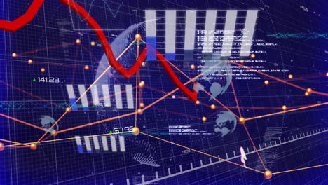 Animation-of-red-line-graph-showing-loss-over-globe-with-connected-dots-and-programming-language