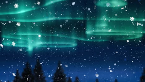 Animation-of-snow-falling-and-aurora-borealis-in-christmas-winter-scenery-background