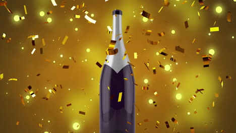 Animation-Von-Konfetti,-Das-über-Eine-Flasche-Champagner-Auf-Gelbem-Hintergrund-Fällt