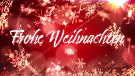 Animation-of-frohe-weihnachten-text-over-snow-falling-in-christmas-red-background