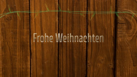 Animation-Of-Frohe-Weihnachten-Text-And-Fairy-Lights-On-Wooden-Background