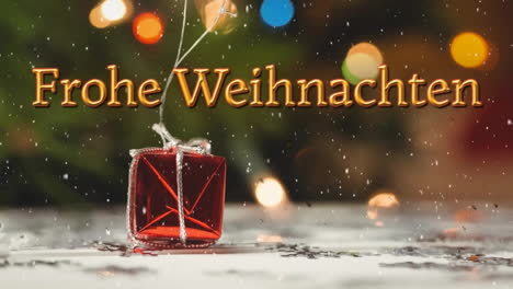 Animation-Of-Frohe-Weihnachten-Text-Over-Snow-Falling-In-Christmas-Present-Background