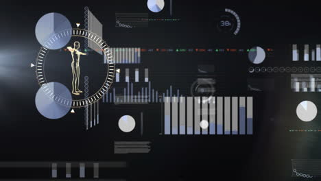 Animation-of-human-representation-in-circle,-graphs-and-trading-board-over-black-background