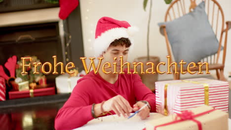 Animación-Del-Texto-Frohe-Wihnachten-Sobre-Un-Hombre-Caucásico-Envolviendo-Regalos-En-Navidad