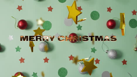 Animation-of-merry-christmas-text-over-christmas-decorations-on-green-background