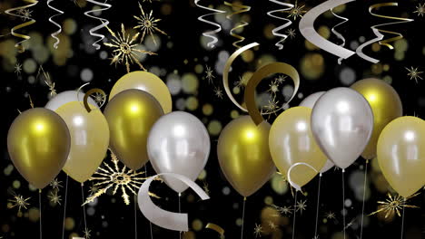 Animation-Von-Goldenen-Und-Silbernen-Luftballons-Mit-Party-Luftschlangen-Auf-Schwarzem-Hintergrund