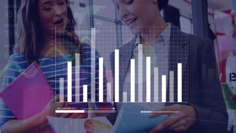 Animation-of-graph-and-loading-bars-over-diverse-female-coworkers-discussing-reports