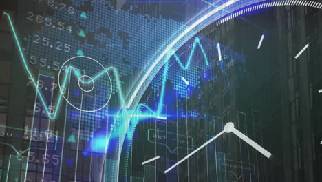 Animation-of-line-graph-with-numbers-and-clock-and-map-over-modern-building