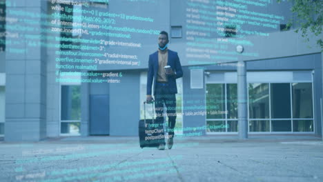 Animation-of-computer-language,-african-american-man-drinking-coffee-while-walking-with-trolley-bag