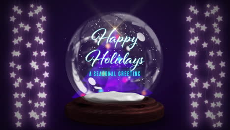 Animation-of-lens-flares-around-snowfall-and-happy-holidays-a-seasonal-greeting-text-in-crystal-ball