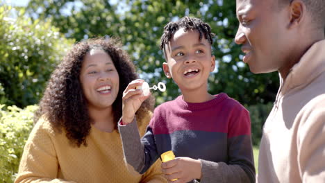 Feliz-Madre-Y-Padre-Afroamericano-Con-Su-Hijo-Soplando-Burbujas-En-El-Soleado-Jardín