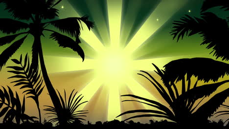 Animación-De-Silueta-Negra-De-Paisaje-Tropical-Sobre-El-Sol-Brillando-Sobre-Fondo-Verde