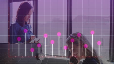 Animation-Eines-Diagramms,-Gittermusters,-Verschiedene-Weibliche-Mitarbeiterinnen,-Die-In-Notizblöcke-Schreiben-Und-Telefonieren