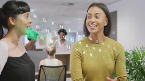 Animation-of-moving-illuminated-pattern-on-keyboard,-diverse-female-coworkers-discussing-in-office