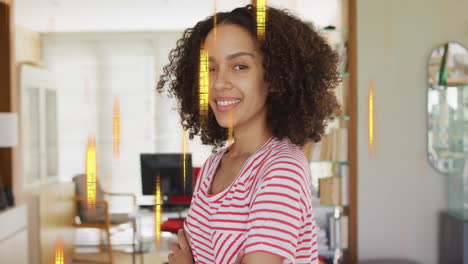 Animation-of-falling-bars-over-smiling-biracial-woman-standing-arms-crossed-at-office