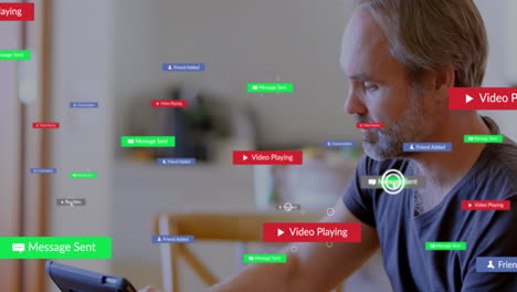 Animation-of-multiple-notification-bars-over-caucasian-man-scrolling-on-digital-tablet-at-home