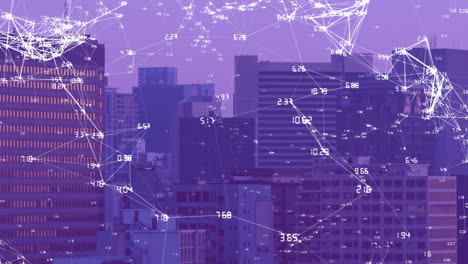 Animation-of-numbers-around-connected-dots-over-aerial-view-of-modern-buildings-against-sky