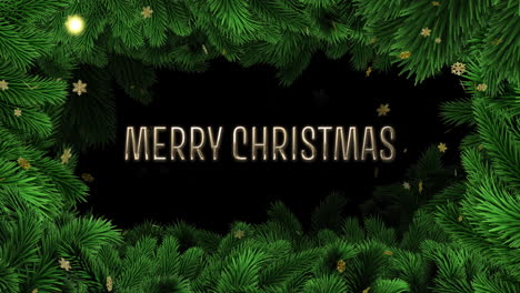 Animation-of-merry-christmas-text-and-christmas-fir-tree-branches-on-black-background