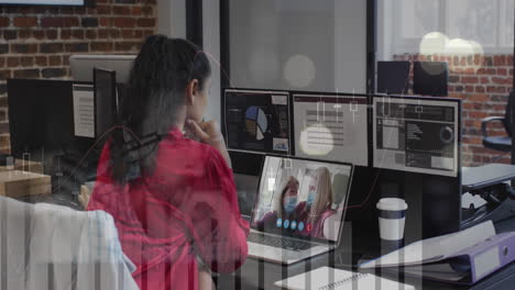 Animation-of-multiple-graphs-over-diverse-female-friends-discussing-during-video-call-on-laptop