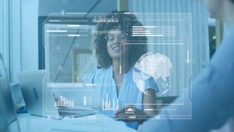 Animation-of-graphs,-globe-and-loading-bars-over-diverse-coworkers-discussing-strategy-in-office