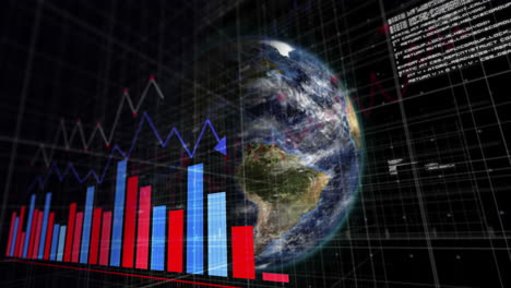 Animation-of-multiple-graphs-and-computer-language-over-rotating-globe-against-black-background