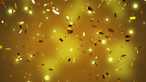 Animation-of-gold-confetti-falling-over-spot-lights-on-yellow-background