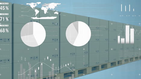 Animation-of-infographic-interface-over-cardboard-boxes-on-wooden-pallets-against-white-background