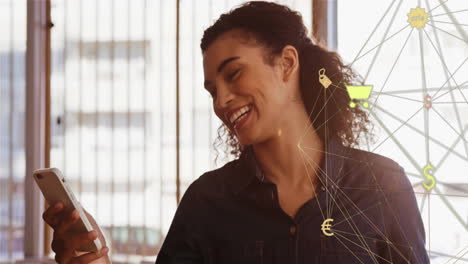 Animation-of-connected-icons-globe-over-smiling-biracial-woman-with-coffee-cup-talking-on-video-call