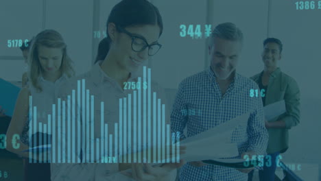 Animation-of-changing-numbers,-graphs,-currency-symbols,-diverse-coworkers-analyzing-reports