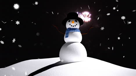 Animation-of-snowman-over-snow-falling-and-fireworks-of-black-background