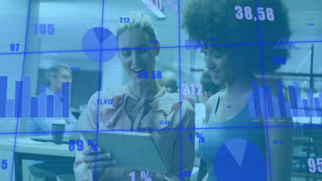 Animation-of-changing-numbers,-graphs,-diverse-female-coworkers-discussing-reports-on-digital-tablet