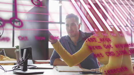 Animation-of-graphs,-globe-and-computer-language-over-diverse-coworkers-discussing-on-desk